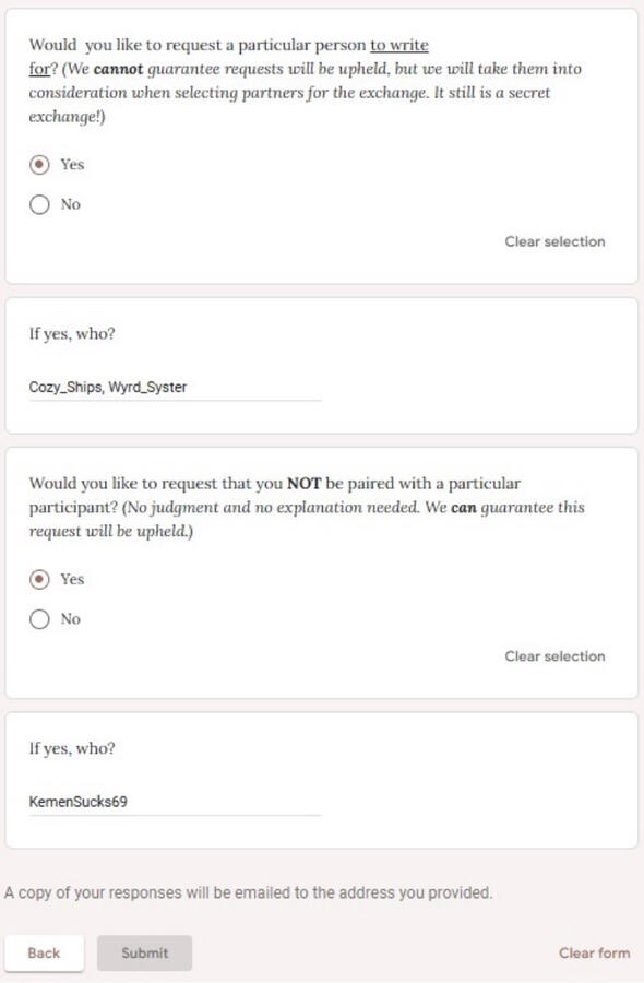 Screenshots of a filled in google form, showing an example of what a completed Haladriel Exchange application might look like.