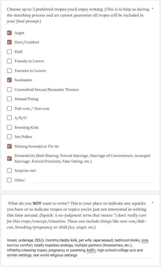 Screenshots of a filled in google form, showing an example of what a completed Haladriel Exchange application might look like.