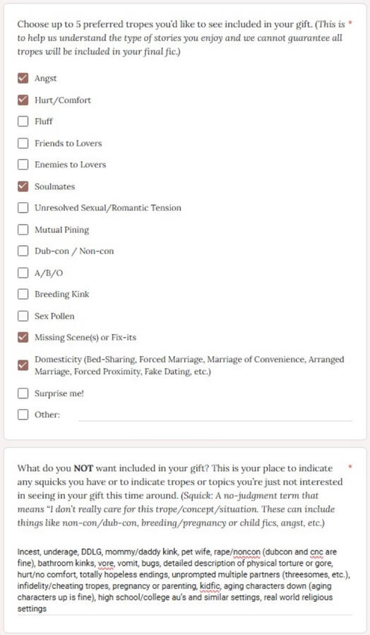 Screenshots of a filled in google form, showing an example of what a completed Haladriel Exchange application might look like.