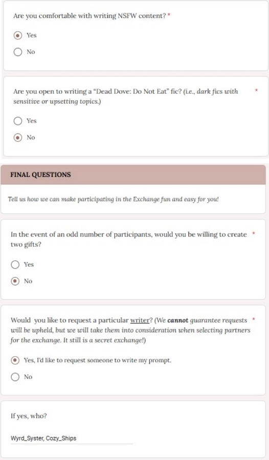 Screenshots of a filled in google form, showing an example of what a completed Haladriel Exchange application might look like.