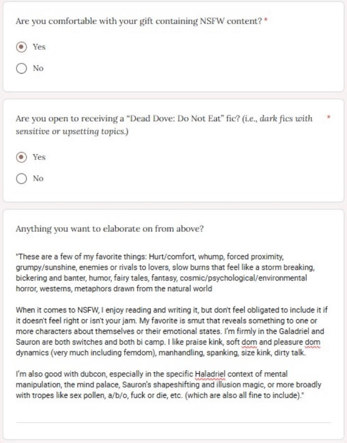 Screenshots of a filled in google form, showing an example of what a completed Haladriel Exchange application might look like.